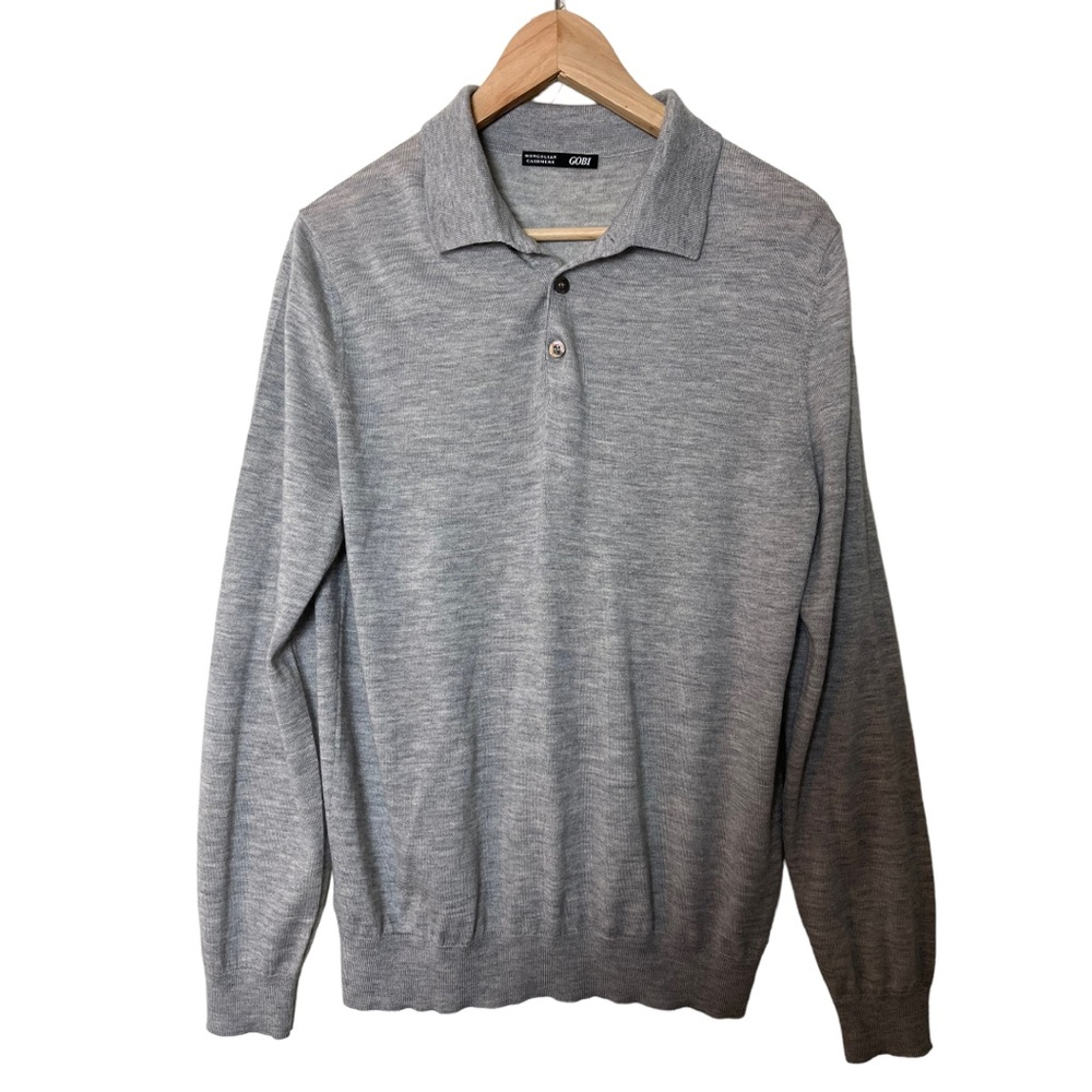 Gobi Mens Grey Mongolian Cashmere Silk Polo Sweater M   0529